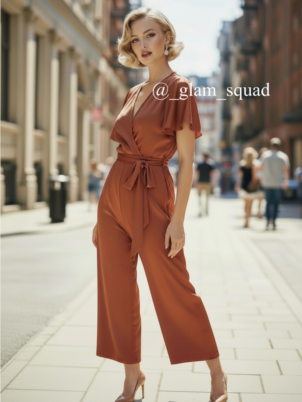 Express Satin Flutter Sleeve Wrap Tie Waist Wide Leg Jumpsuit Rust Medium NWT